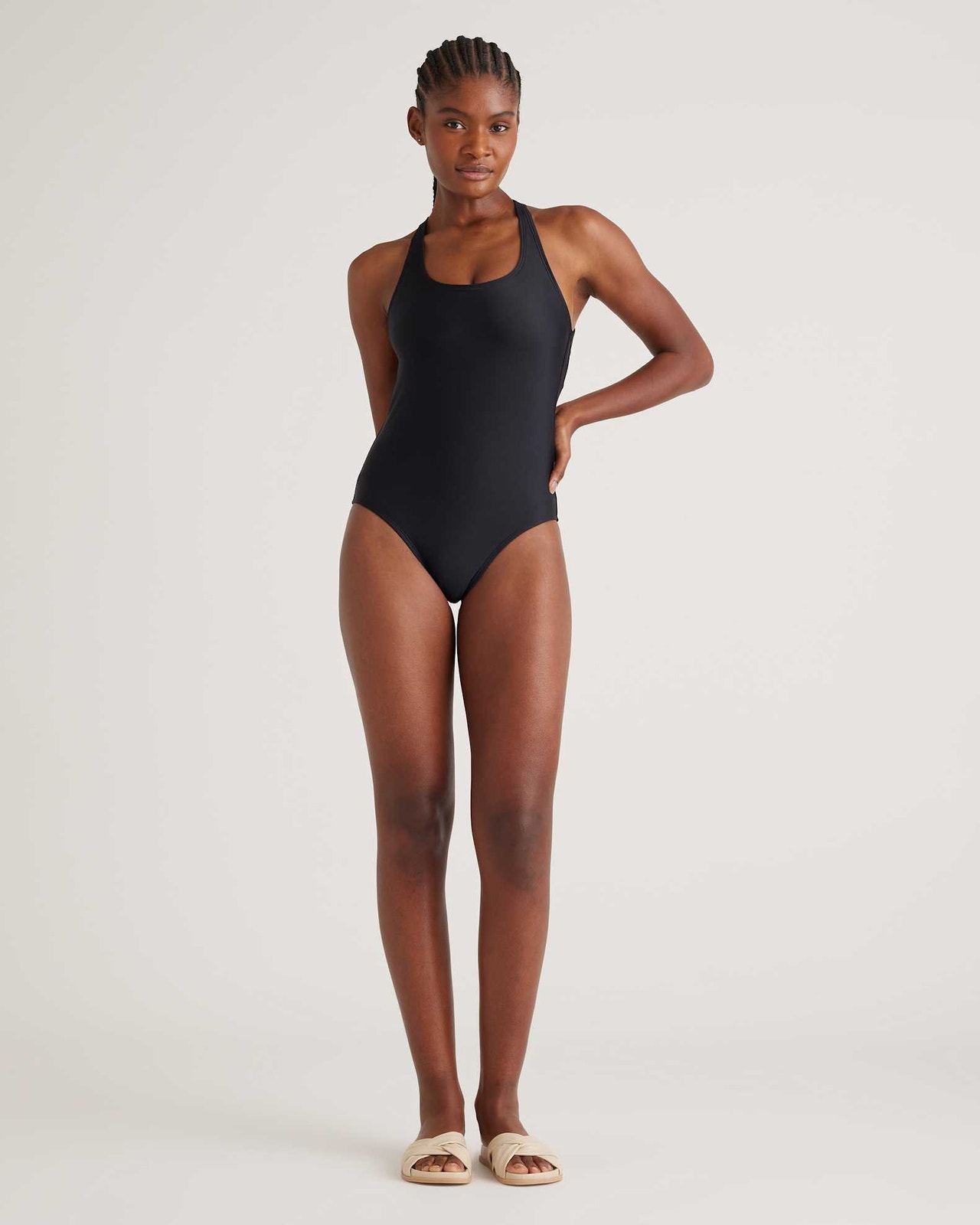 Nwt Quince Black Italian Cross-Back One-Piece Swimsuit Women's Size Medium